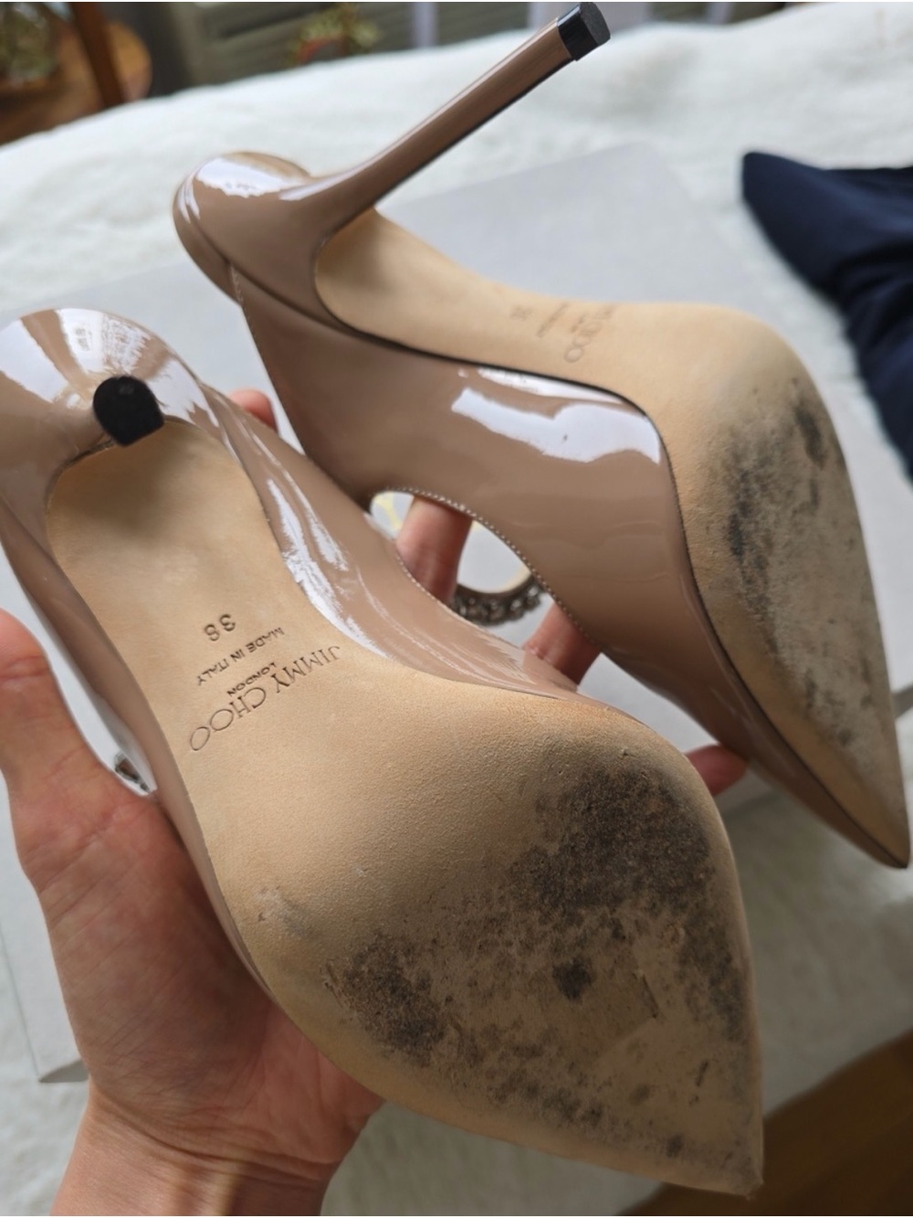 Jimmy Choo Beige Patent Pointed-Toe Mules with Crystal Strap - Picture 2 of 2